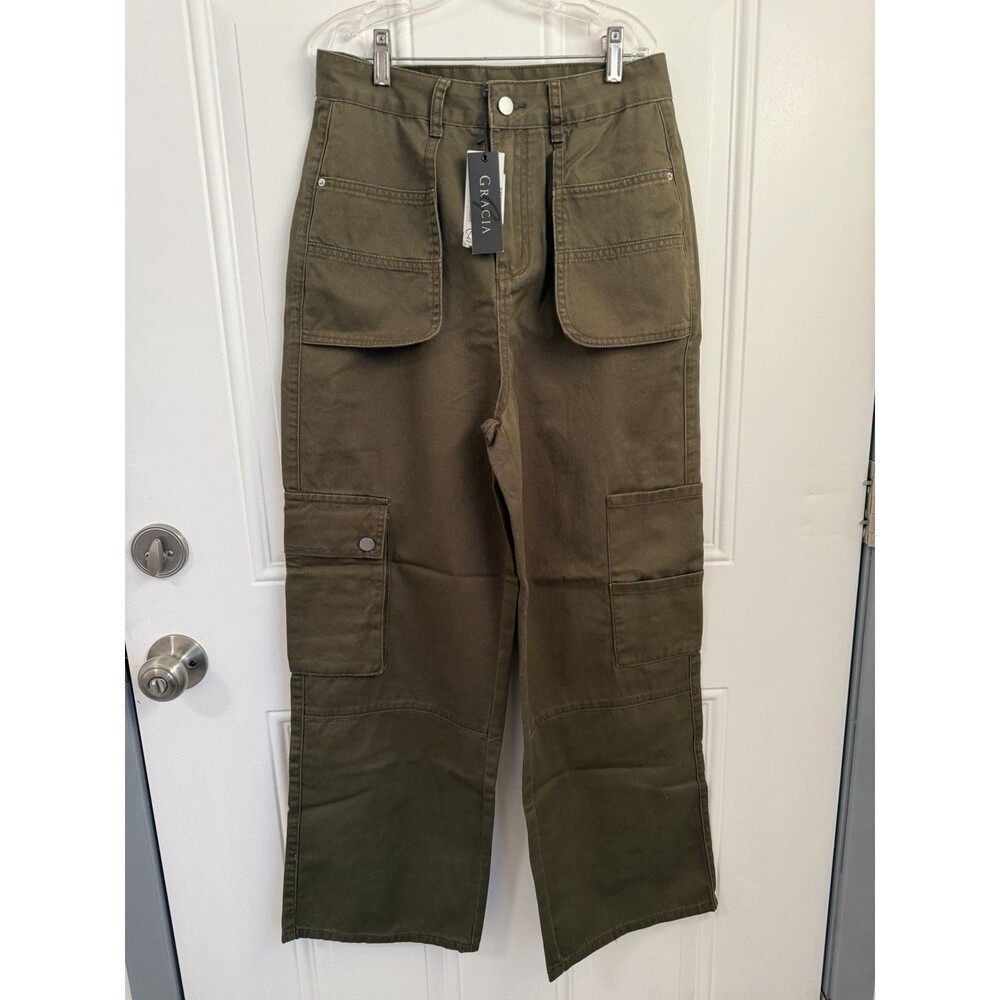 Gracia NWT Women’s High Waisted Cargo Wide Pants In  Olive Size S